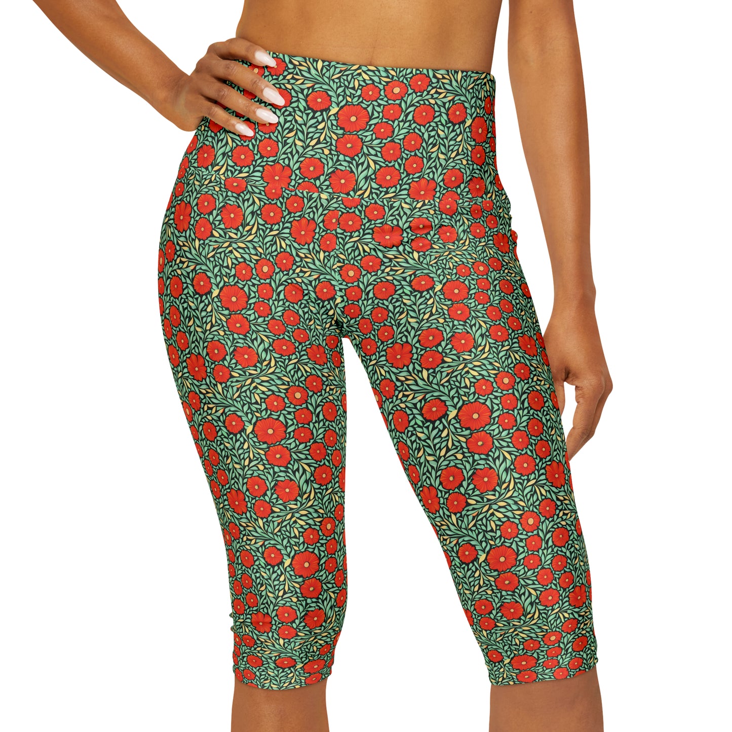 Ladies Yoga Leggings - Field of Red Flowers